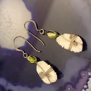 Boho Chic Handmade Shell Earrings with Copper Wire & Green Beads - Beachy Vibes!